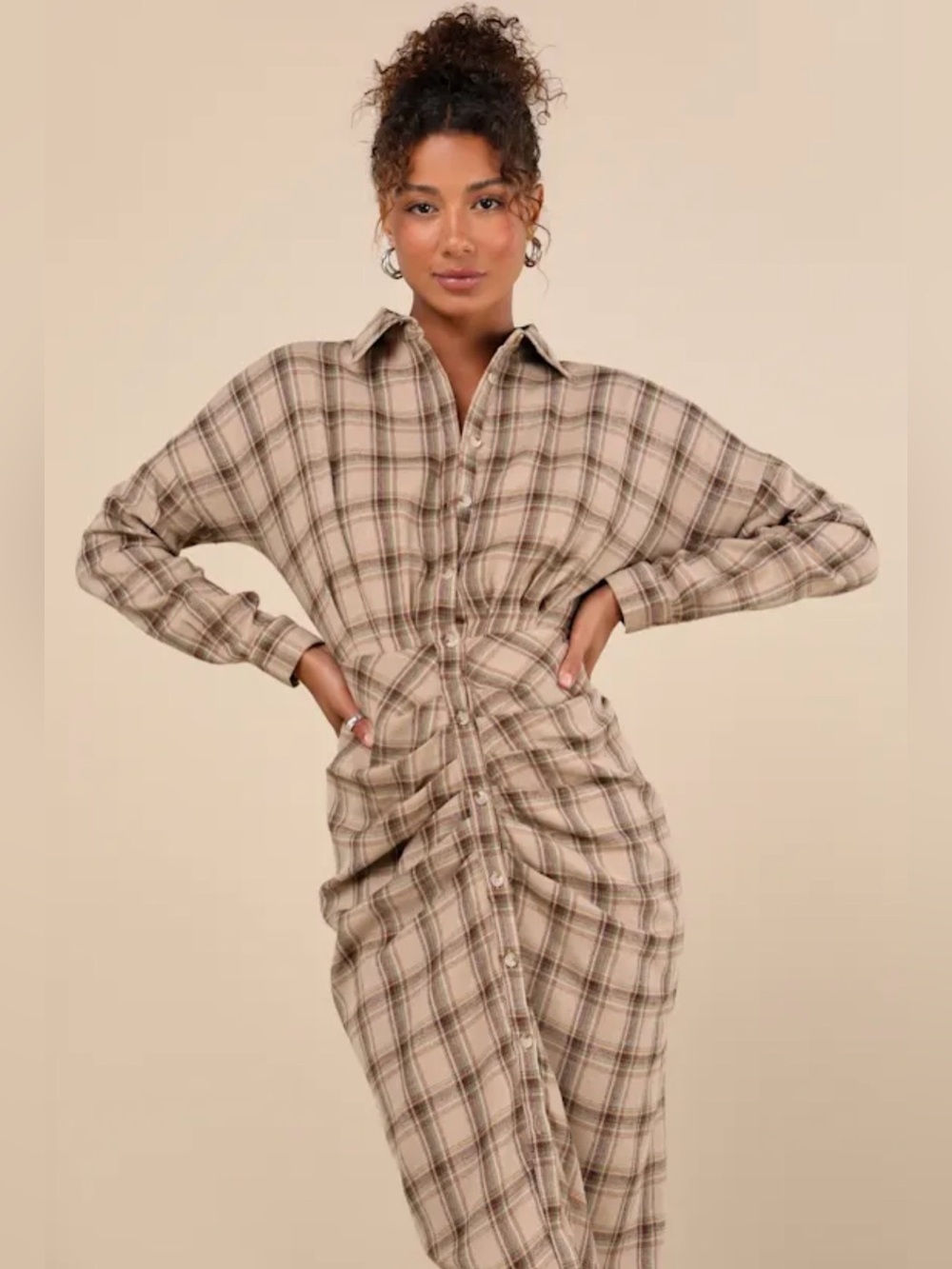 Lulus Seasonal Spirit Taupe Plaid Ruched Long Sleeve Midi Dress NWOT Size S